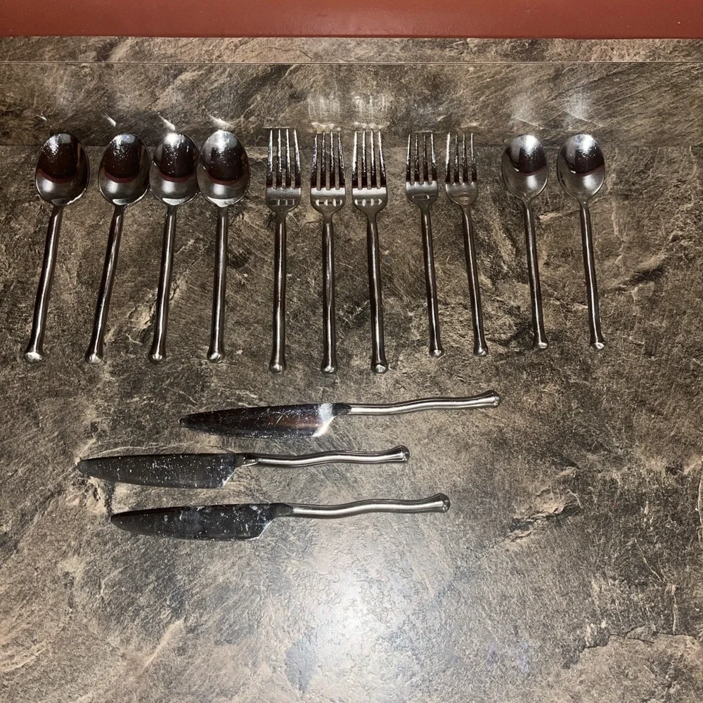 14 Pc Gourmet Settings EXOTIQUE PLATINUM 18/10  Stainless Wavy Satin Handle
